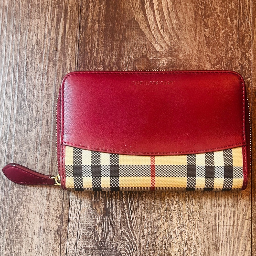 Burberry Red Beige Black Plaid Nylon Leather Zip Bifold Wallet